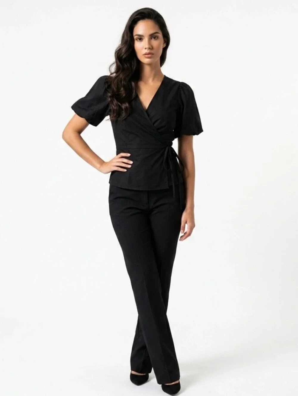 🆕 Old Navy Black Wrap Tie-Blouse with Puff Sleeves